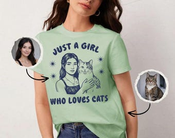 Custom Pet and Owner Portrait Shirt, Personalized Cat Mom T-Shirt, Custom Line Art Cat Lover Gift, Hand Drawn Portrait From Photo, Cat  Tee
