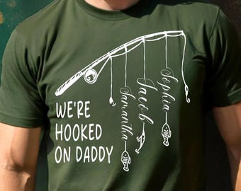 Personalized Fishing Shirt for Dad, Hooked on Daddy Gift, Custom Kids Names Shirt,Fathers Day Gift from Kids,Fisherman Dad T-shirt, Papa Tee