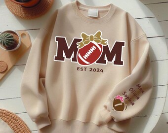 Personalized American Football Sweatshirt, Customized Mom Hoodie, Soccer Mom Era, Game Day, Gift For Soccer Player, Kids Name On Sleeve