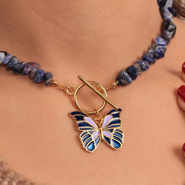 Blue Stone Beaded Necklace, Blue Enamel Butterfly Pendant Necklace, Toggle Clasp Necklace, Natural Stone Necklace,