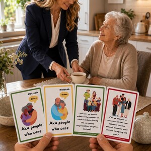 May include: Four rectangular cards with white backgrounds and colored borders featuring illustrations of people and text. The cards display the phrases #letstalk, #care, Aka people who care, and questions about caregiving responsibilities and delegating tasks.