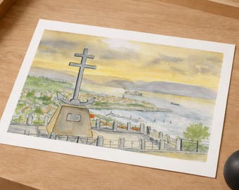 Original Watercolour Painting – The French Cross Memorial, Gourock, Scotland – Coastal Viewpoint Landscape