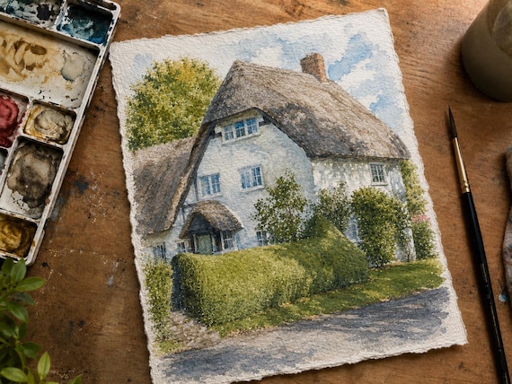 A painting in progress on the studio table, palette and watercolour paper