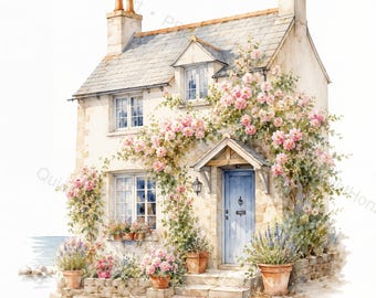 Seaside Cottage Watercolour Prints | Coastal Wall Art, Cottagecore Decor (Digital Download)