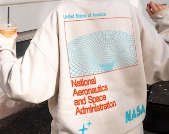 NASA Wurmloch Sweatshirt, Retro Space Logo Rundhals Ausschnitt, Front & Back Print