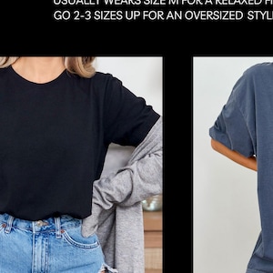 May include: A unisex t-shirt fit guide with the text "UNISEX T-SHIRT FIT GUIDE". The guide shows a medium black t-shirt and an X-Large blue t-shirt. The text also says "LOOKING FOR AN OVERSIZED FIT? FOR REFERENCE THE MODEL IS 5'8. USUALLY WEARS SIZE M FOR A RELAXED FIT (LEFT). GO 2-3 SIZES UP FOR AN OVERSIZED STYLE (RIGHT)."