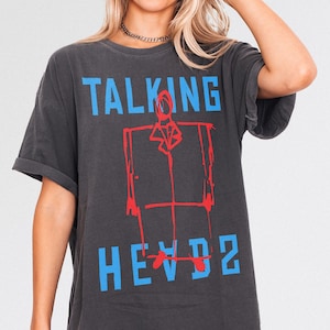 Talking Heads band t-shirt, retro David Byrne oversized suit sketch art graphic tee shirt for 80s rock band album fans, Talking Heads once in a lifetime memorabilia apparel