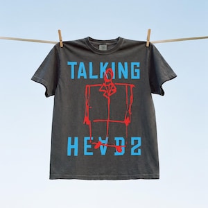 Talking Heads band t-shirt, retro David Byrne oversized suit sketch art graphic tee shirt for 80s rock band album fans, Talking Heads once in a lifetime memorabilia apparel