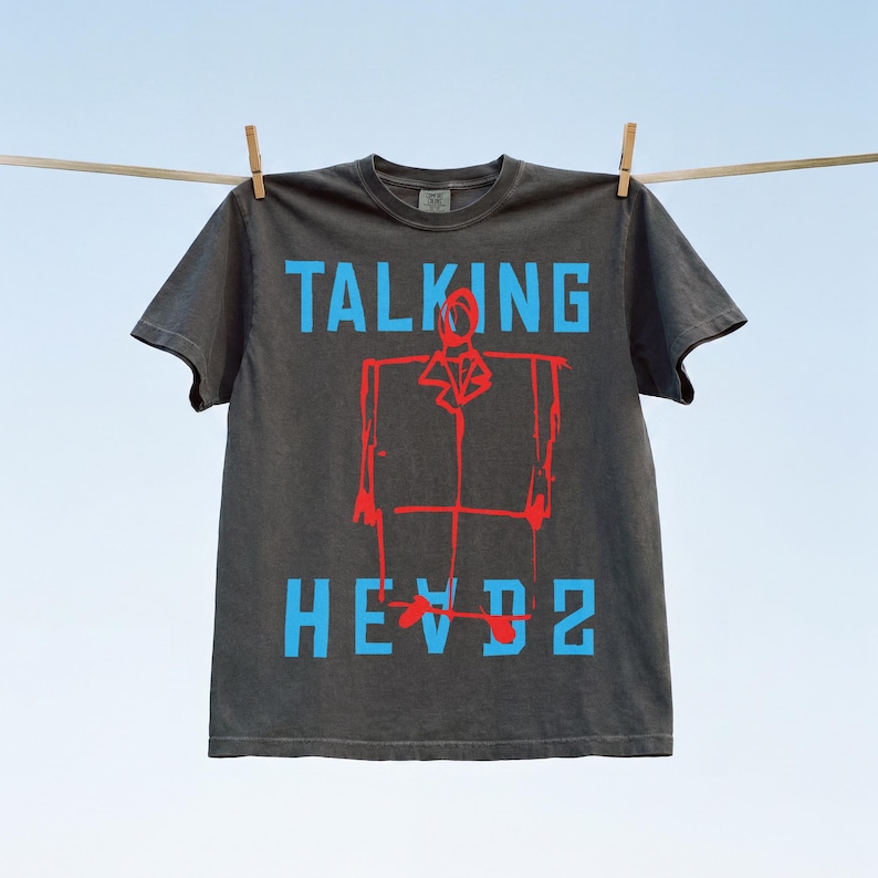Talking Heads band t-shirt, retro David Byrne oversized suit sketch art graphic tee shirt for 80s rock band album fans, Talking Heads once in a lifetime memorabilia apparel