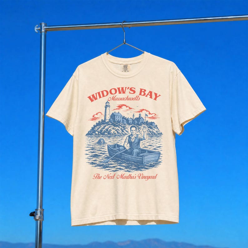 Widow's Bay TV Show t-shirt with vintage travel poster art and sea hag on a unisex comfort colors graphic tee