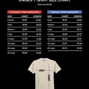 May include: A unisex t-shirt size chart with dimensions in inches. The chart includes standard and premium t-shirt sizes, chest, and length measurements. A beige t-shirt is shown with chest and length indicators.