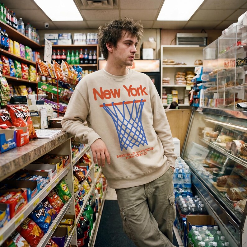 Retro New York Knicks streetwear basketball sweatshirt, oversized beige off white heavyweight sweater with royal blue and orange NY bball graphic for men and women