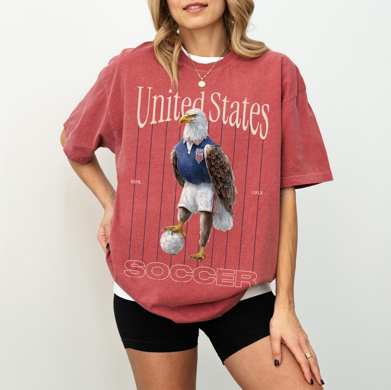 Amerikaans voetbalT-shirt, vintage USA Eagle Team World-graphic T-shirt Washed Red
