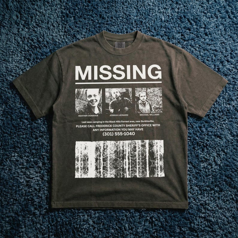 Retro The Blair Witch Project Movie t-shirt with grunge Missing Poster on a unisex washed black comfort colors graphic tee