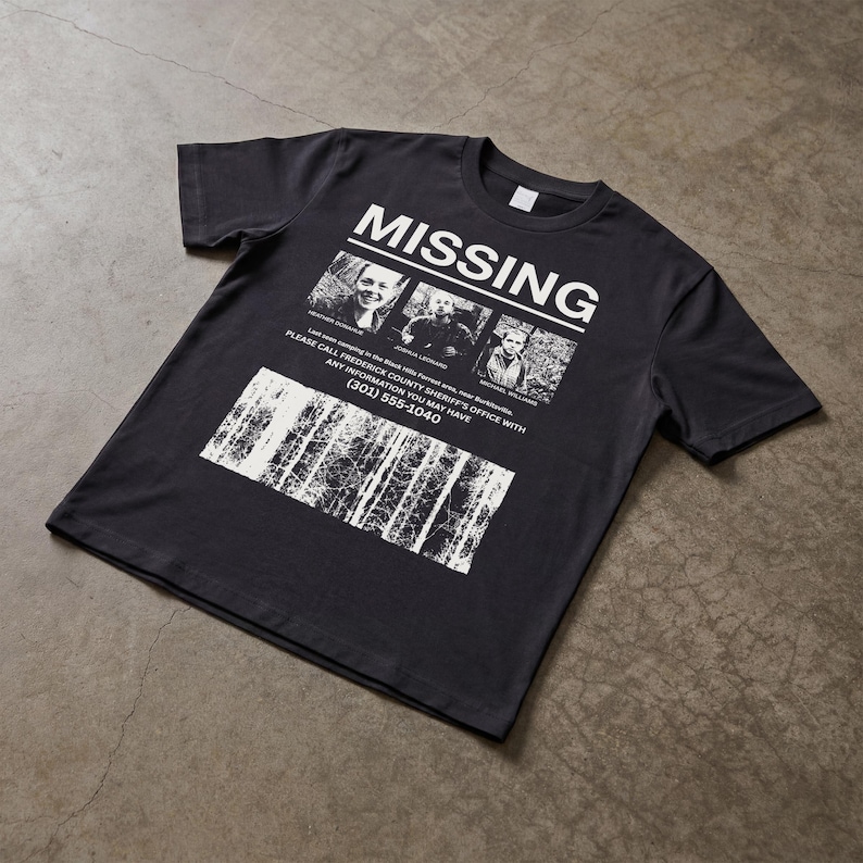 Retro The Blair Witch Project Movie t-shirt with grunge Missing Poster on a unisex black graphic tee
