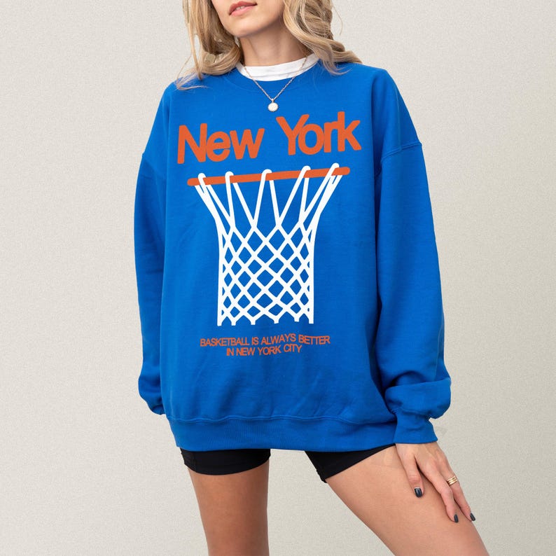 Retro New York Knicks streetwear basketball sweatshirt, oversized heavyweight royal blue and orange NY bball crewneck for men and women