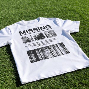 Retro The Blair Witch Project Movie t-shirt with grunge Missing Poster on a unisex white graphic tee