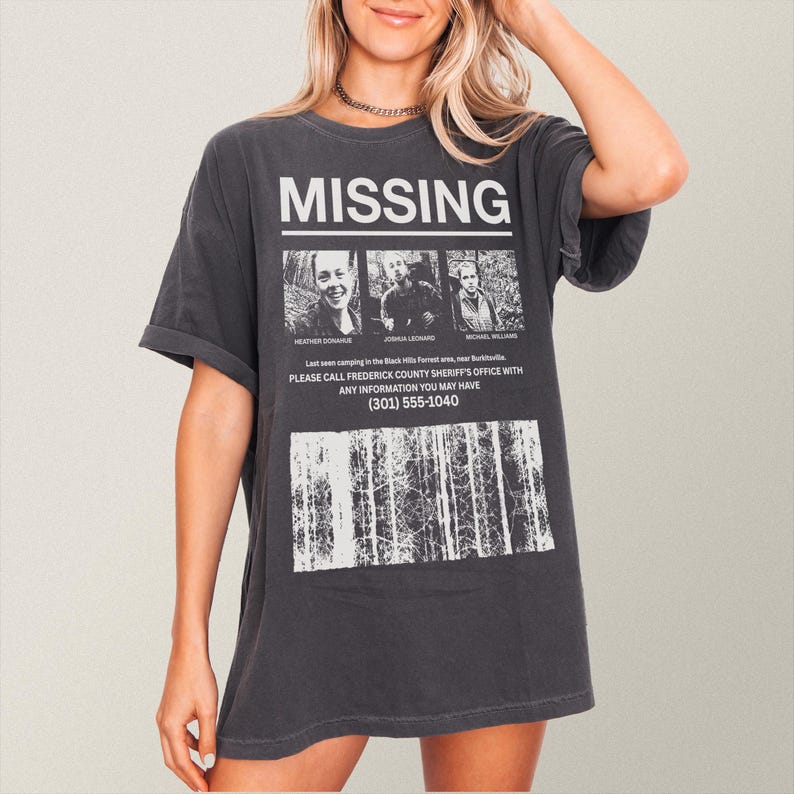 Retro The Blair Witch Project Movie t-shirt with grunge Missing Poster on a unisex faded black and white comfort colors graphic tee for 90s horror movie fans