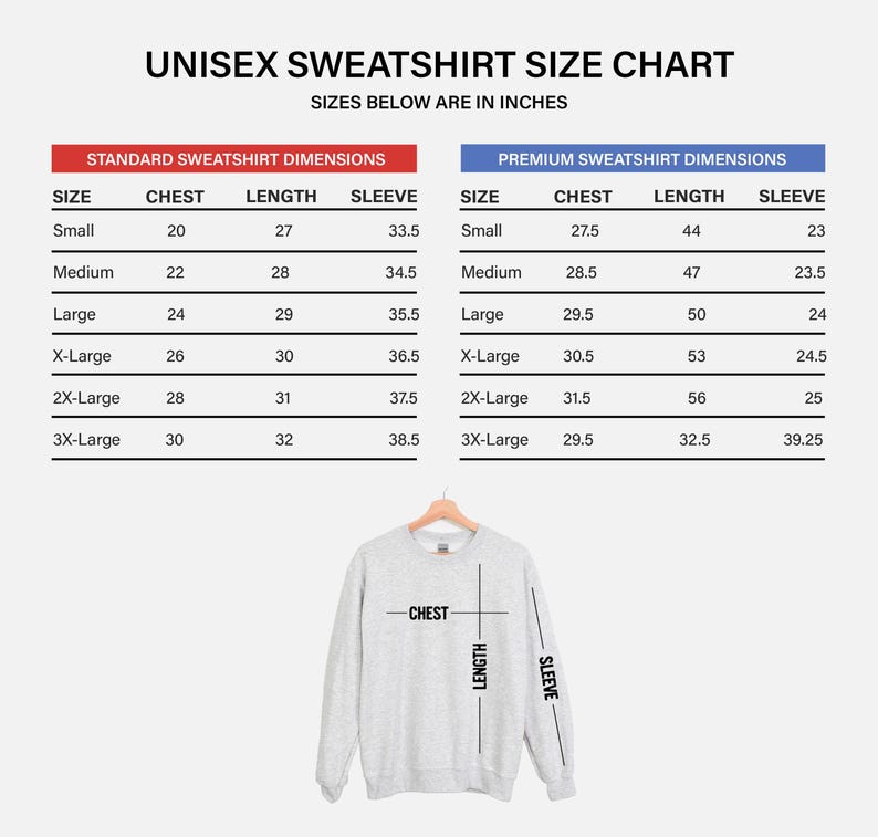 May include: A unisex sweatshirt size chart with measurements in inches. The chart details standard and premium sweatshirt sizes, including chest, length, and sleeve dimensions for sizes small to 3X-Large. A grey sweatshirt is shown below the chart.