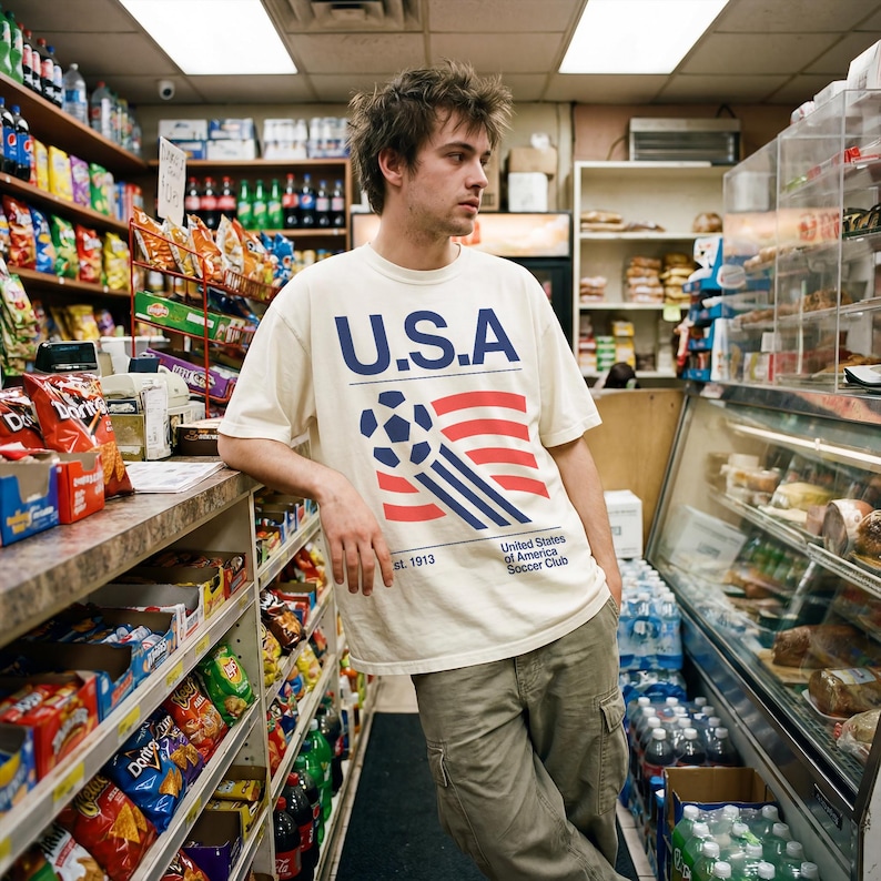 K&ouml;nnte beinhalten: Cremefarbenes T-Shirt mit einer Grafik eines Fu&szlig;balls, rot-wei&szlig;en Streifen und dem Text "U.S.A." in Marineblau. Das Shirt tr&auml;gt auch den Text "United States of America Soccer Club" und "est. 1913". Die Person tr&auml;gt eine khakifarbene Cargohose.