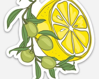 3” Lemon Olives Vinyl Sticker Waterproof Mediterranean Cuisine Food Oil Evoo Juice Flavor Chef Cooking Homecook Waterbottle Laptop Decal