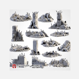 May include: A collection of gray, 3D-printed miniature building ruins, including crumbled walls, broken pillars, and debris. Some pieces have protruding rods. The "Battle Builder" and "Txarli Factory" logos are visible.
