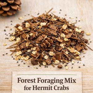 Könnte beinhalten: Wald-Futtermischung für Einsiedlerkrebse, mit einem Tannenzapfen links. Die Mischung enthält Holzspäne, Samen und Hafer. Der Text "100% Natural" steht über der Mischung. Ein Etikett lautet "Wald-Futtermischung für Einsiedlerkrebse."