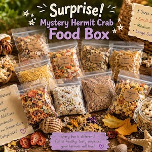 May include: A Mystery Hermit Crab Food Box containing multiple clear plastic bags filled with various dried food mixes. The packaging features text including 'Surprise!', 'Mystery Hermit Crab Food Box', and a list of natural ingredients.