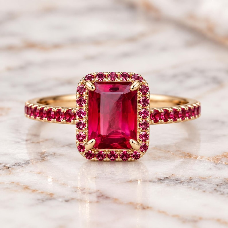 Ruby halo statement ring with an emerald cut ruby center stone and 925 sterling silver gold plated band photographed on a luxury white marble surface.