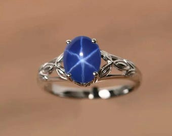 Blå Lindy Star Safirring | 925 Sterling Silver, Vintage Celestial Elegance