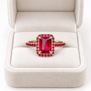 Ruby halo statement ring with emerald cut pink ruby center stone, ruby stones band, and 925 sterling silver gold plated setting displayed in a white jewelry box.