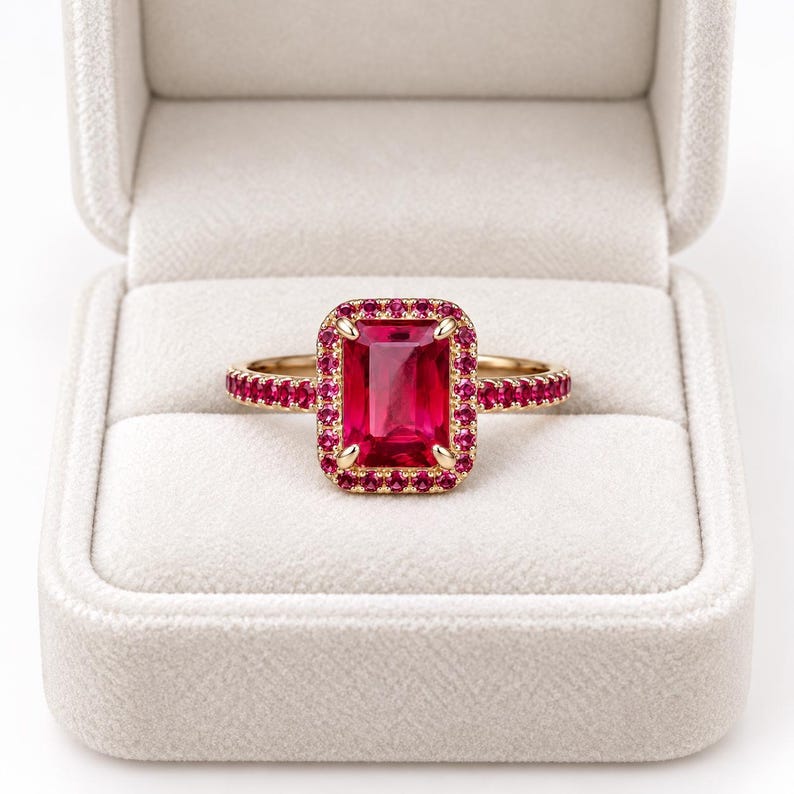 Ruby halo statement ring with emerald cut pink ruby center stone, ruby stones band, and 925 sterling silver gold plated setting displayed in a white jewelry box.