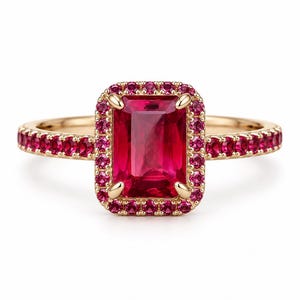 May include: A gold ring featuring a large, rectangular, emerald-cut red gemstone at the center. The central stone is surrounded by a halo of small, round, vibrant pink stones, with additional pink stones set along the gold band on both sides.