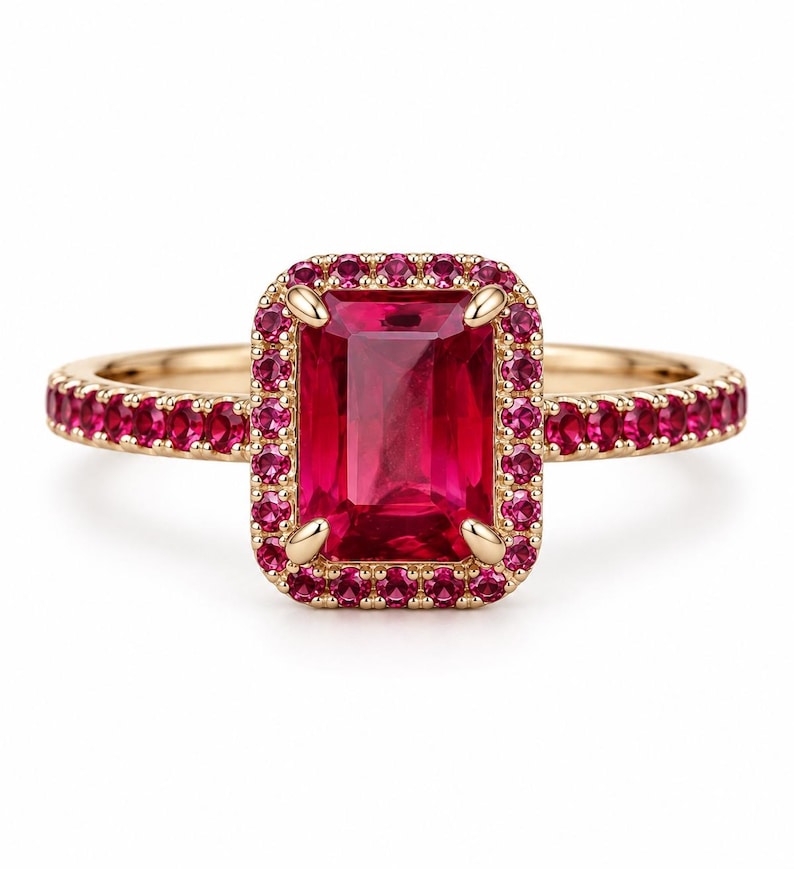 Front view of an emerald cut ruby statement ring with matching halo stones and 925 sterling silver gold plated on a clean white background.