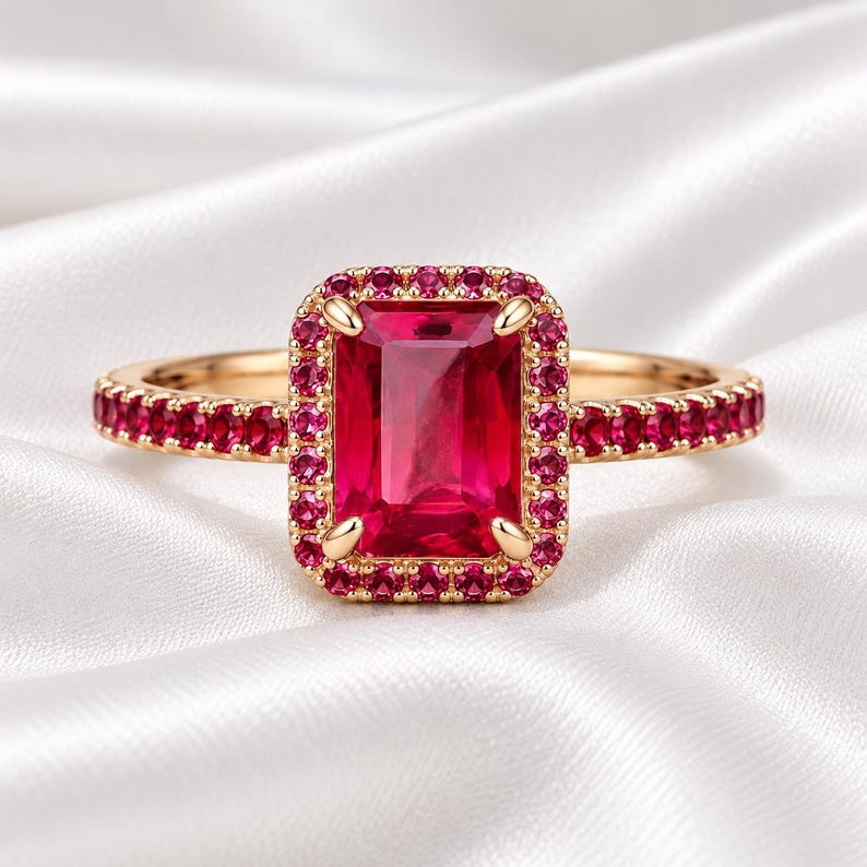 Emerald cut ruby statement ring with matching gemstone halo and 925 sterling silver gold plated band displayed on soft white satin.
