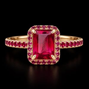 Ruby halo ring with an emerald cut pink ruby center gemstone and 925 sterling silver gold plated band photographed on a pure black surface.
