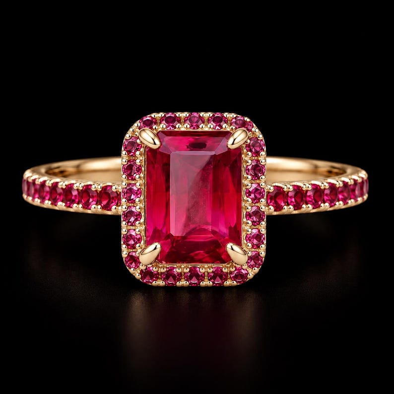 Ruby halo ring with an emerald cut pink ruby center gemstone and 925 sterling silver gold plated band photographed on a pure black surface.