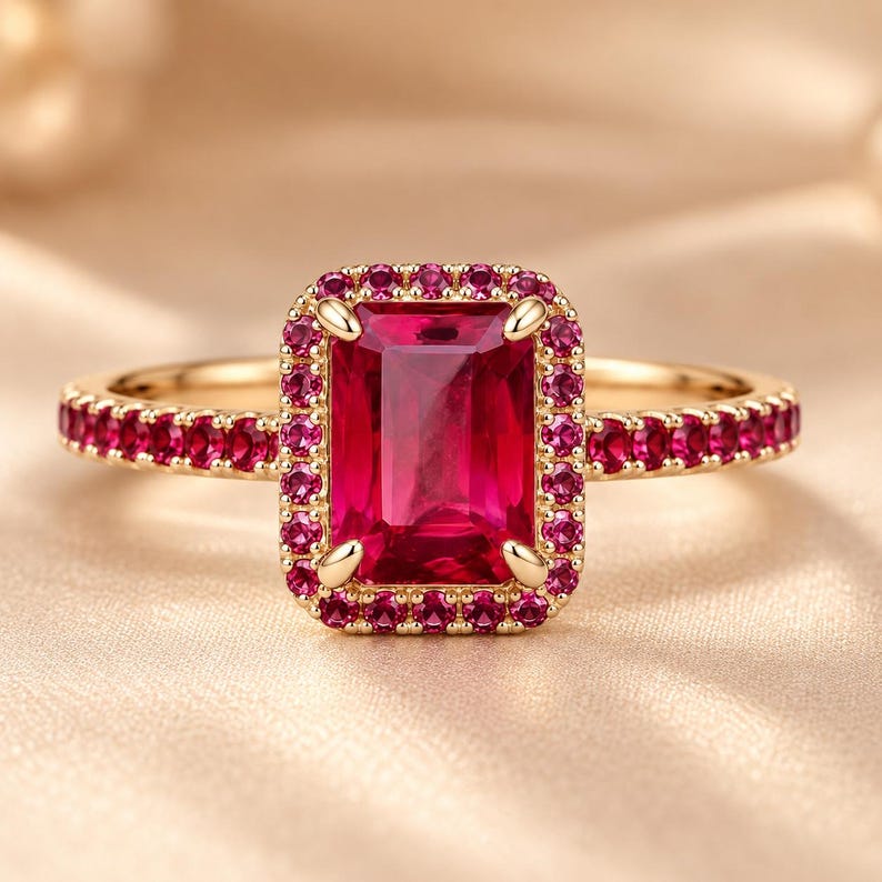 Ruby statement ring featuring an emerald cut pink ruby gemstone, ruby halo, and 925 sterling silver gold plated band on a champagne beige surface.