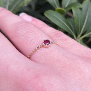 Op de afbeelding: Een delicate gouden ring met een kleine, ronde, dieprode edelsteen. De band van de ring heeft een kralenontwerp. De ring wordt getoond op een vinger, met groene bladeren op de achtergrond.