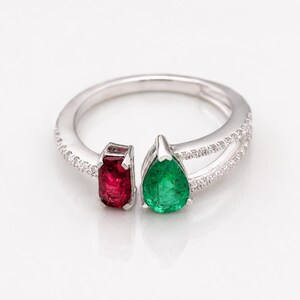 Ruby & Emerald Open Ring, 925 Sterling Silver Moissanite Diamond Ring, Handmade Jewelry