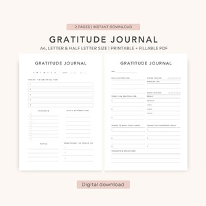 Puede incluir: Un diario de gratitud imprimible de dos páginas con un diseño minimalista. El diario incluye secciones para afirmaciones diarias, seguimiento del estado de ánimo y reflexiones. El texto "GRATITUDE JOURNAL" está en la parte superior de cada página. Disponible en A4, Letter y Half Letter.