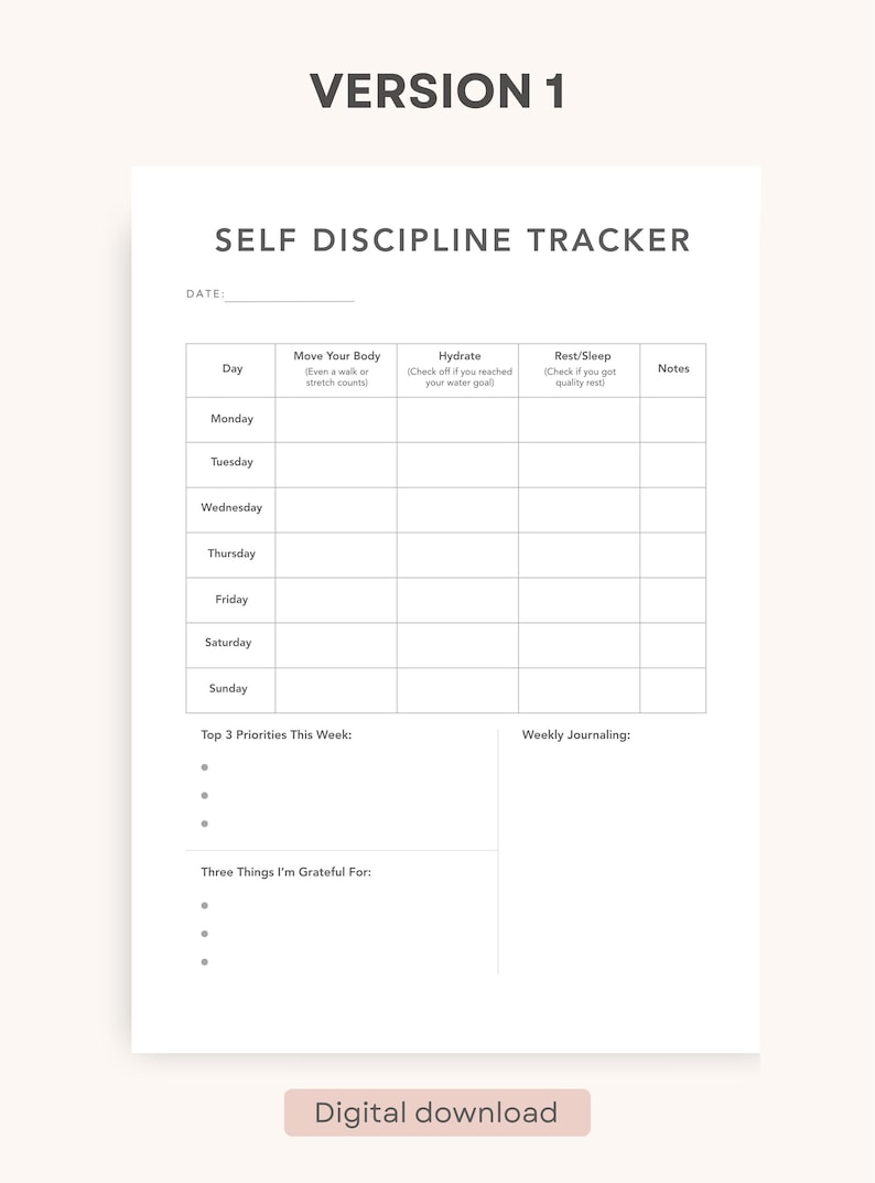 Self Discipline Habit Tracker Printable PDF, Daily & Weekly Routine ...