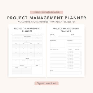 May include: Two-page project management planner with a minimalist design. The planner includes sections for project overview, task breakdown, timeline, resources, and notes. Text on the image includes "Project Management Planner" and "Digital download."