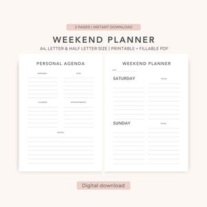 May include: A digital download of a weekend planner with a personal agenda and weekend planner sections. The planner includes sections for errands, gym, laundry, appointments, and notes. The weekend planner has space for Saturday and Sunday notes.