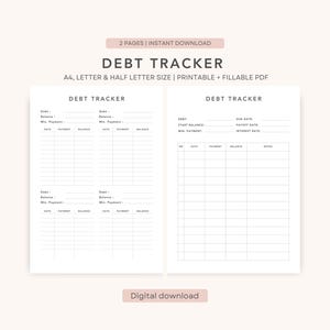 Puede incluir: Un rastreador de deudas imprimible con un diseño minimalista. El documento incluye secciones para rastrear la deuda, el saldo, el pago mínimo, la fecha, el pago y el saldo. El texto "DEBT TRACKER" se muestra de forma destacada. Disponible en tamaños A4, Carta y Media Carta.