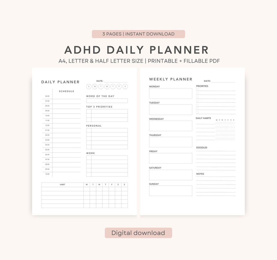ADHD Planner Printable PDF | Daily Focus and Routine Organizer, Habit ...