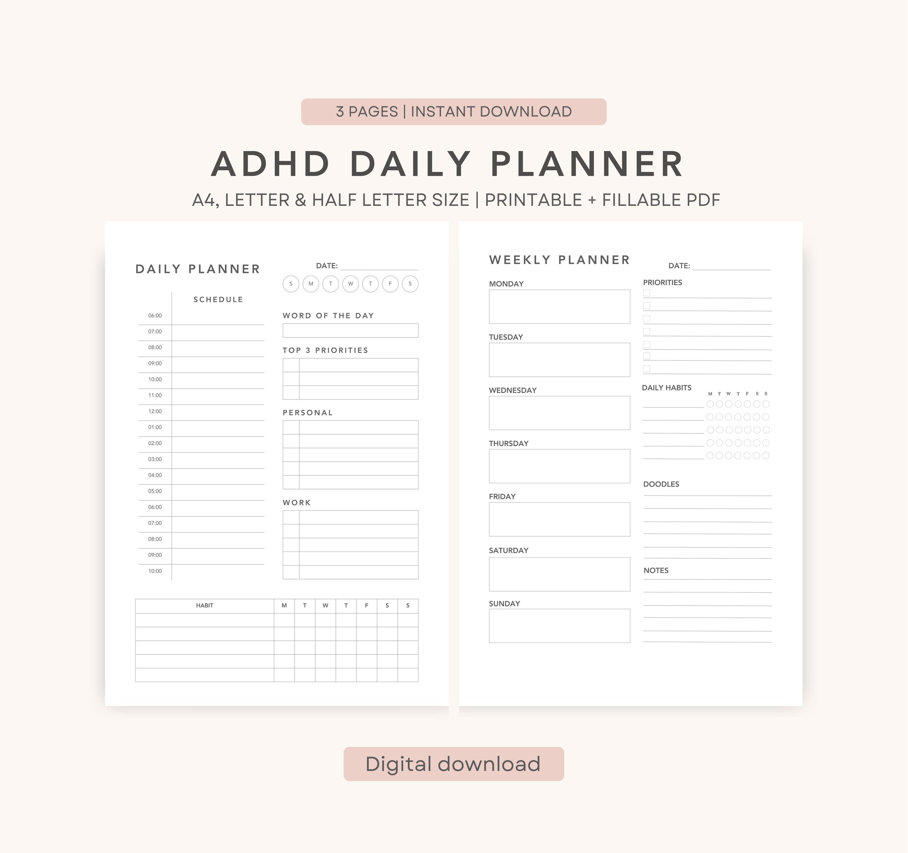 ADHD Planner Printable PDF | Daily Focus and Routine Organizer, Habit ...