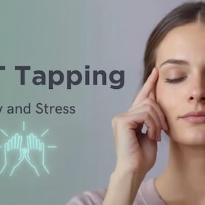 May include: A woman with closed eyes touches her forehead with her index finger. The image includes the text "EFT Tapping" and "Anxiety and Stress", along with a graphic of two hands. The background is a gradient of gray and green.