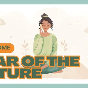 May include: Illustration of a person meditating, with the text "OVERCOME FEAR OF THE FUTURE" in large, orange and green letters. The person is wearing a green top and sitting cross-legged. The background includes clouds and plants.