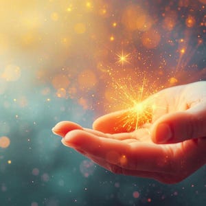 May include: A hand, palm up, cradles a burst of golden light and sparks. The background is a soft blend of teal and gold, with bokeh effects. The image evokes themes of magic, energy, and spirituality.